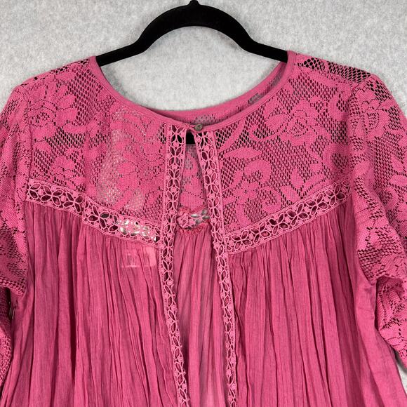 Free People One Pink Golden Age Lace Long Sleeve Open Back Top Size Medium - Picture 5 of 10